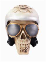 Cranio caveira motoqueiro c/ óculos em resina branco