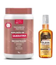 Creme de Pentear Beleza Natural 1kg Explosao Queratina 2em1 + Explosão Óleos Linhaca/Algodao 55ml