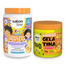 Creme de Pentear Desembaraçante Hidratação 1Kg + Gelatina Definição Antifrizz Brilho Extremo Cachos Ondulados Crespos Kids Maracujá 550g Salon Line