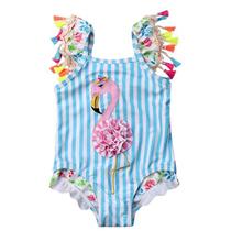 Crianças Criança Bebê Menina Uma Peça Maiô Praia Usar Listrado Flamingo Tassels Maiô de banho de roupa de banho 0-6 meses azul/rosa