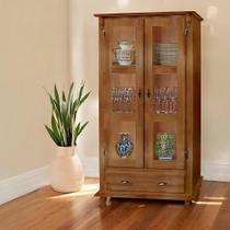 Cristaleira 2 Portas e 1 Gaveta Corrediça Telescopica - Branco Laca com Tampo Castanho Envelhecido