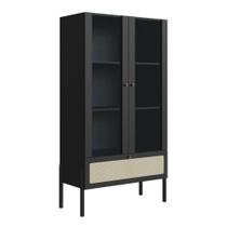 Cristaleira 2 Portas Oslo Artesano 83 cm (larg) MDP Nero Palha Sintética Bege e Pés Madeira Maciça