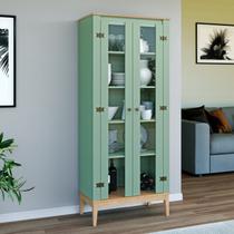 Cristaleira Colonial 2 Portas Vidro Pés Madeira Mel e Oliva 75cm Movelbento Verde