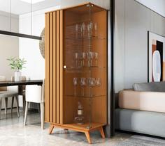 Cristaleira com Lateral e Porta Ripada Pés em Madeira Vidro Açaí Nature - Rede Móveis