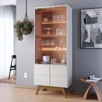 Cristaleira com Portas de Vidro e LED Noronha Off White Matte / Freijó