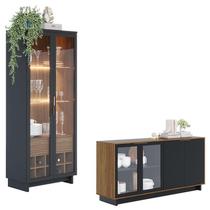 Cristaleira Guanabara com Aparador para Sala Buffet Vitória Noce Milano Preto Acetinado Colibri