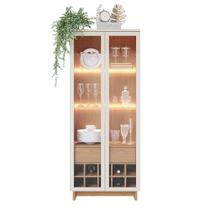 Cristaleira Quinn Off White/ Freijó com LED e Prateleiras de Vidro