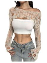 Crochê feminino Crop Top WDIRARA, de crochê, damasco Crochê feminino Crop Top WDIRARA, de crochê, damasco