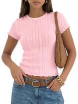 Crop Top AKLOPVII Y2k Lettuce Picot Trim Pointelle Pink Crop Top AKLOPVII Y2k Lettuce Picot Trim Pointelle Pink