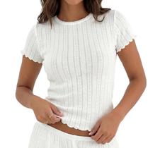 Crop Top BAIGRAM Y2K Pointelle Alface de manga curta branca