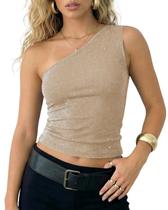 Crop Top Cioatin Shimmer One Shoulder Sparkle Glitter Y2K Nude