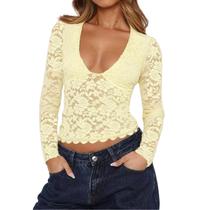Crop Top Dancenter Lace Floral Transparente de Manga Comprida Amarela Feminina