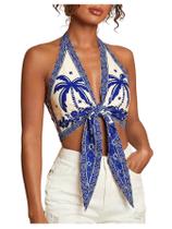 Crop Top Floerns, floral de verão, para mulher, azul royal