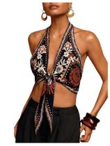 Crop Top Floerns, floral de verão, preto Crop Top Floerns, floral de verão, preto