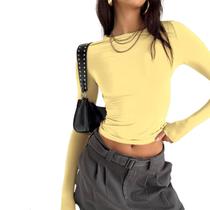 Crop Top Franhais, casual, básico, amarelo, poliéster