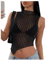 Crop Top Milumia Glitter de malha transparente sem mangas para mulheres negras Crop Top Milumia Glitter de malha transparente sem mangas para mulheres negras