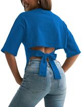 Crop Top Motrend feminino Y2K, costas abertas, azul, algodão, tamanho S Crop Top Motrend feminino Y2K, costas abertas, azul, algodão, tamanho S