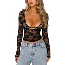 Crop Top Pivanzore Y2k de manga comprida em malha de renda transparente para mulheres