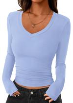 Crop Top PRETTYGARDEN Feminino Manga Longa Decote V Azul Claro