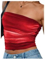Crop Top RoseSeek para mulher, tingida, franzida, sem alças, tubo vermelho Crop Top RoseSeek para mulher, tingida, franzida, sem alças, tubo vermelho