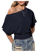 Crop Top SweatyRocks Off The Shoulder de manga curta azul escuro