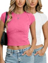 Crop Tops Aimiray para mulheres, manga curta, algodão, pacote com 2 unidades Crop Tops Aimiray para mulheres, manga curta, algodão, pacote com 2 unidades
