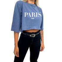 Cropped 100% Algodão Paris 1990 Gola Redonda Manga Curta Moda Gringa