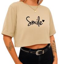 Cropped Algodão Curto Feminino Estampado Smile Coração Sorriso Gola Redonda Manga 3/4 Tecido Premium