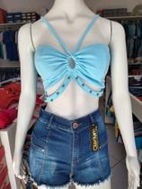 Cropped azul bebê amarração com aplicação