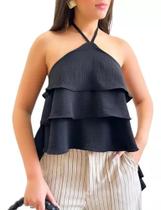 Cropped Bata Babado Camadas Blusa Frente Única Amarrar Verão Tam U Cropped Bata Babado Camadas Blusa Frente Única Amarrar Verão Tam U