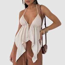 Cropped Bata Cortininha Decote De Amarrar Tendência Boho Chic