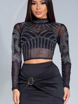 Cropped Blusa Boiadeira Manga Longa Com Detalhes Sofisticado de Brilho Noite Festa Balada Entrega Direta