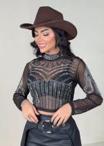 Cropped Blusa Coracao Manga Longa Com Detalhes Sofisticado de Pedreiras de Brilho Noite Festa Balada Entrega Direta