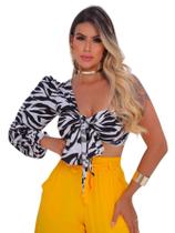 Cropped Blusa Curta Animal Print Mula Manca Com Amarração Manga Longa Um Ombro Só Com Bojo