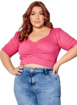 Cropped Blusa Decotado Franzido c Manga Plus Size Gringa Top