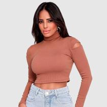 Cropped Blusa Feminina Cacharrel Gola Alta Manga Longa
