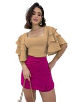 Cropped Blusa Feminina Manga Curta Babado De Amarrar Duna