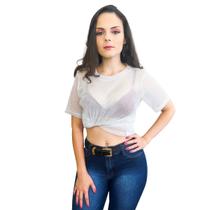 Cropped Blusa Feminina Slim Transparente Brilho Festa Moda