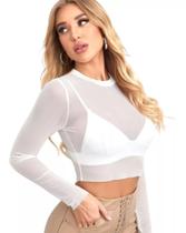 Cropped Blusa Feminina Tule Transparente Manga Longa Balada