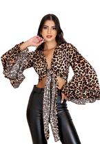 Cropped Blusa Manga Decote Animal Print Oncinha Amarrar Na Frente