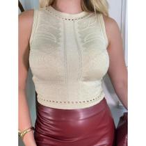 Cropped Blusa Regata Gola Canoa Detalhe Flor Modal Tricot Básico Ponto Crochê Modal Verão Feminino