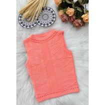 Cropped Blusa Regata Gola Canoa Detalhe Flor Modal Tricot Básico Ponto Crochê Modal Verão Feminino