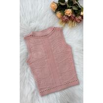 Cropped Blusa Regata Gola Canoa Detalhe Flor Modal Tricot Básico Ponto Crochê Modal Verão Feminino