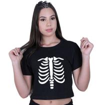 Cropped Blusinha Algodão Halloween Dia das Bruxas Esqueleto Caveira