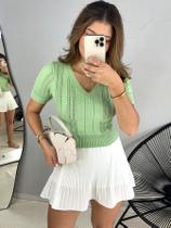 Cropped Blusinha Feminino Manga Curta Maguinha Decote V Tshirt Verão Tricot Modal Furinho Telinha
