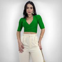 Cropped Blusinha Manga Curta Bufante Top Suplex Moda Social
