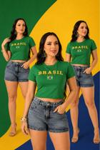 Cropped Brasil Feminino Suplex Manga Curta Bandeira Bordada Brilho Brasil Core Copa Tendência