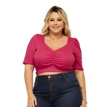 Cropped c Decote Franzido Blusa c Manga Plus Size Blusinha