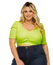 Cropped c Decote Franzido Blusa c Manga Plus Size Blusinha