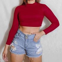 Cropped canelado feminino gola alta manga longa básico confortável